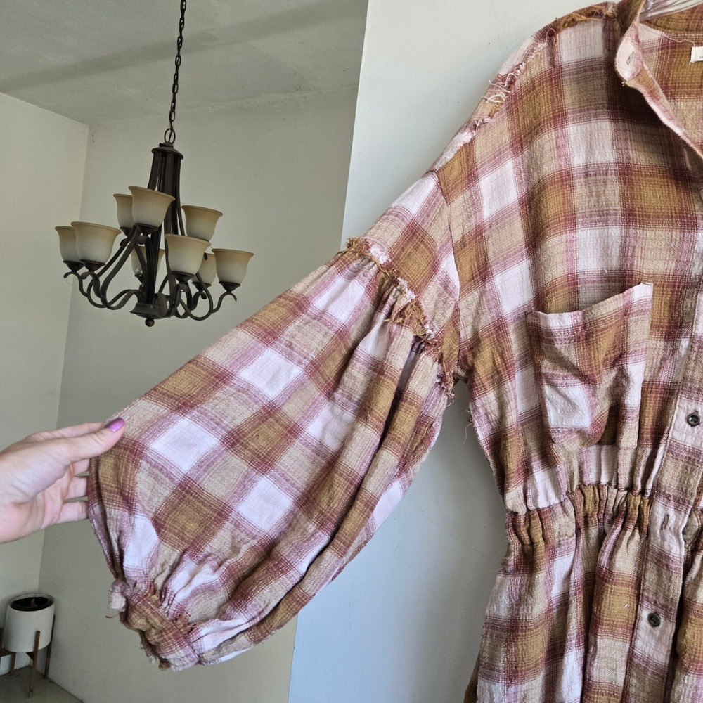 We The Free XS Plaid Mini Dress Womens Brown Excellent Balloon Sleeve Distressed - Picture 2 of 7